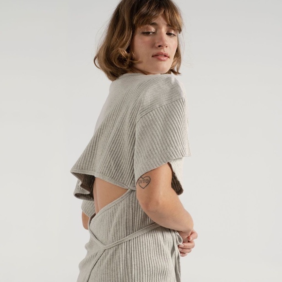 BASERANGE The Clair Wrap Top Black Organic Cotton Ribbed Open Back Cross Tie Top - Picture 1 of 16